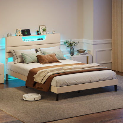 Tydimor Beige Fine Linen Fabric Bed Frame with Upholstered Headboard & Charge Station, Full Size Bed Frame with LED Lights, No Box Spring Needed