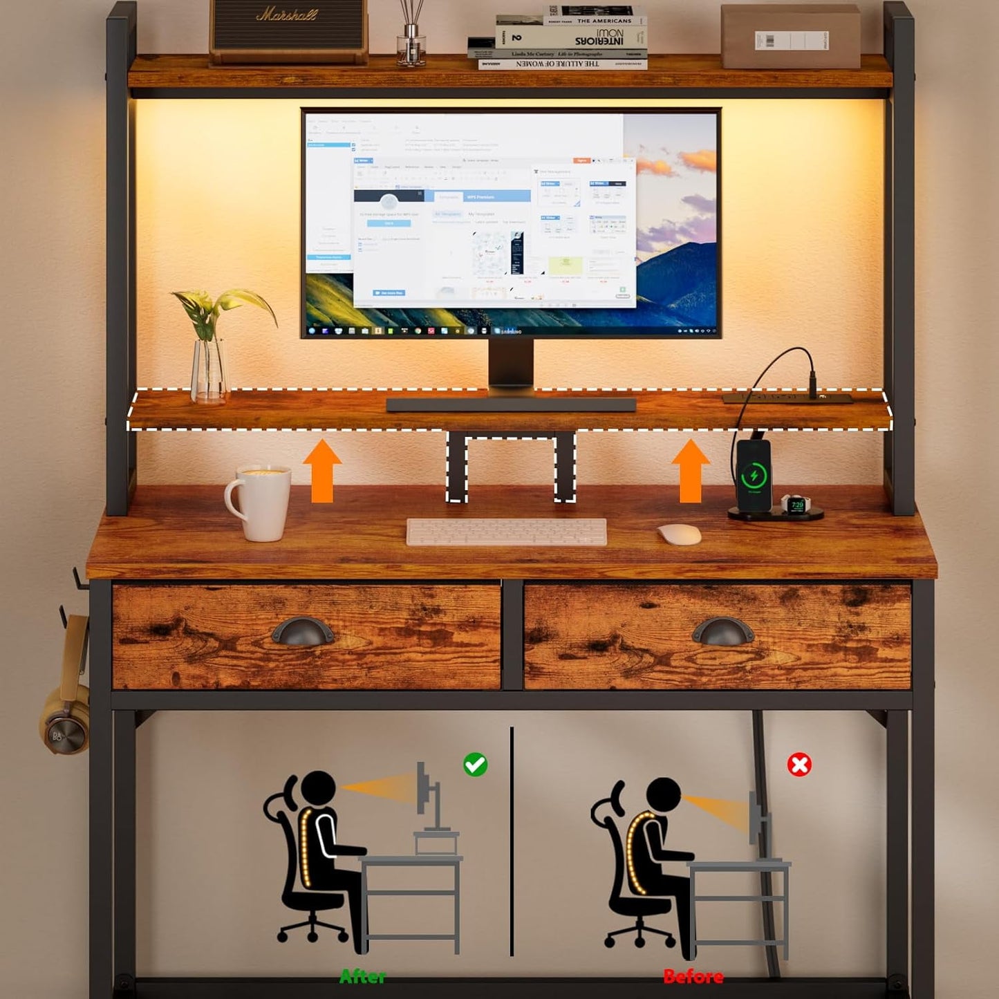 Furologee Small Computer Desk with Power Outlet and 2 Fabric Drawers, Gaming Desk with Light, Home Office Desk with Monitor Stand and Hutch, Study Table with Shelf Rustic Brown