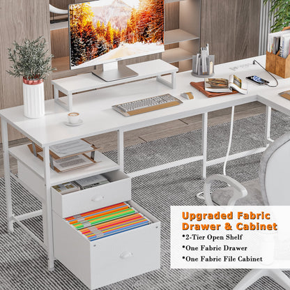Furologee Computer Desk L-Shaped Desk with Power Outlet and Monitor Stand Corner Desk, White