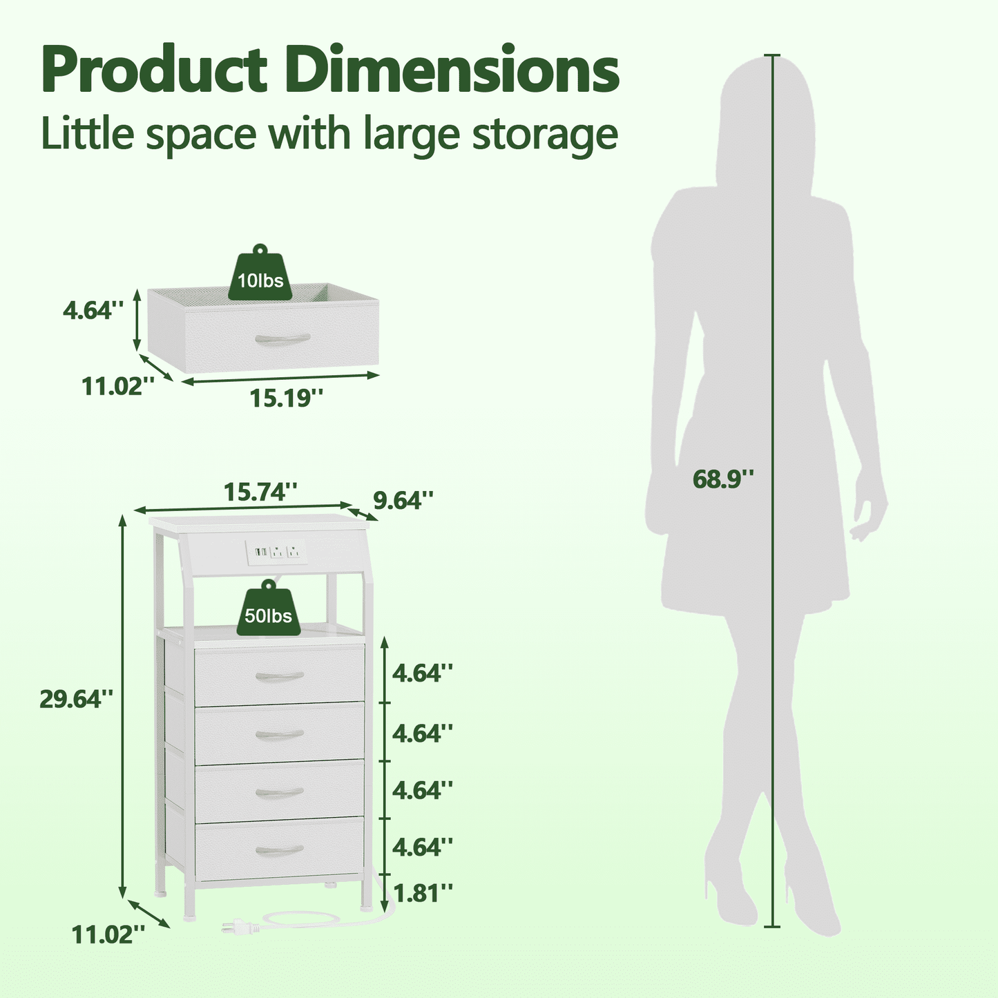 TYDIMOR Small Dresser for Bedroom, 4 Drawer with Charging Station, White, Ideal for Adults