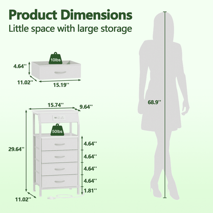 TYDIMOR Small Dresser for Bedroom, 4 Drawer with Charging Station, White, Ideal for Adults