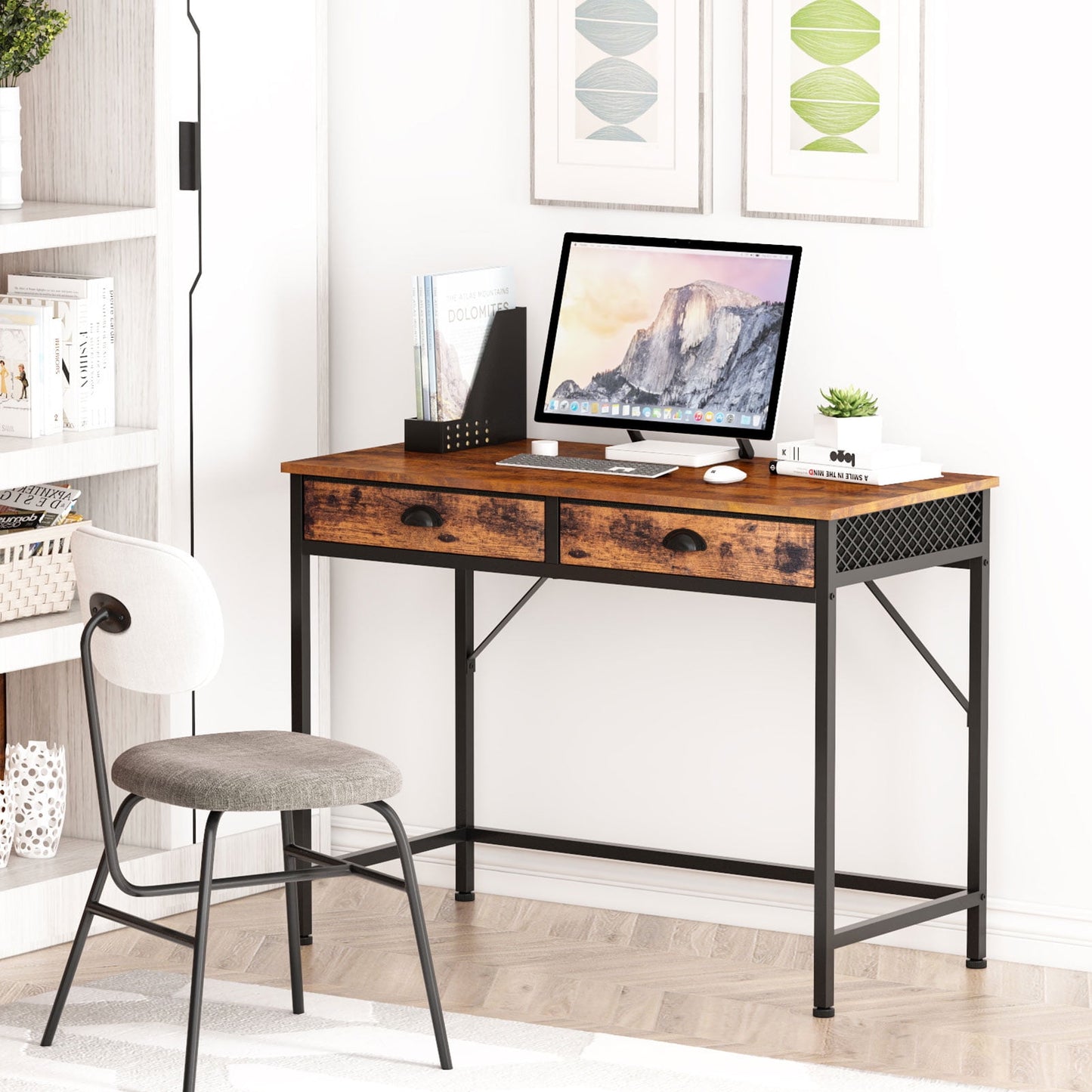 Furologee Computer Desk Home Office Writing Desk with 2 Fabric Drawers, Rustic Brown
