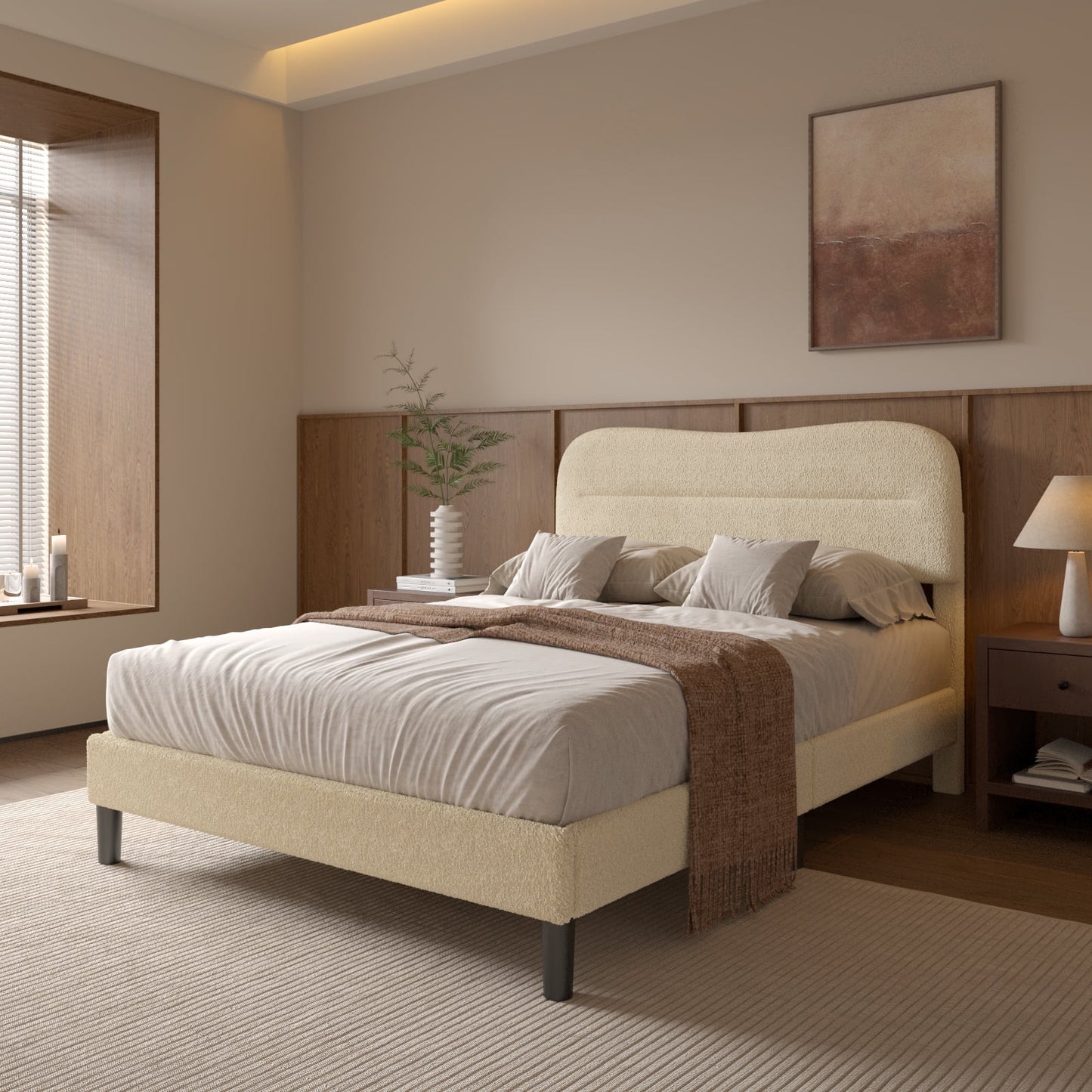 Tydimor Full Bed Frame with Teddy Velvet Soft Curved Headboard, Platform Bed with Wooden Slats Support, Easy Assembly, Noise-Free, Beige