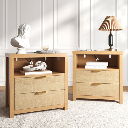Satifur Nightstand Set of 2 with Rattan Style Finish & Charging Station, 2-Drawer Bedside Table with Open Shelf, for Bedroom Living Room, Natural Oak