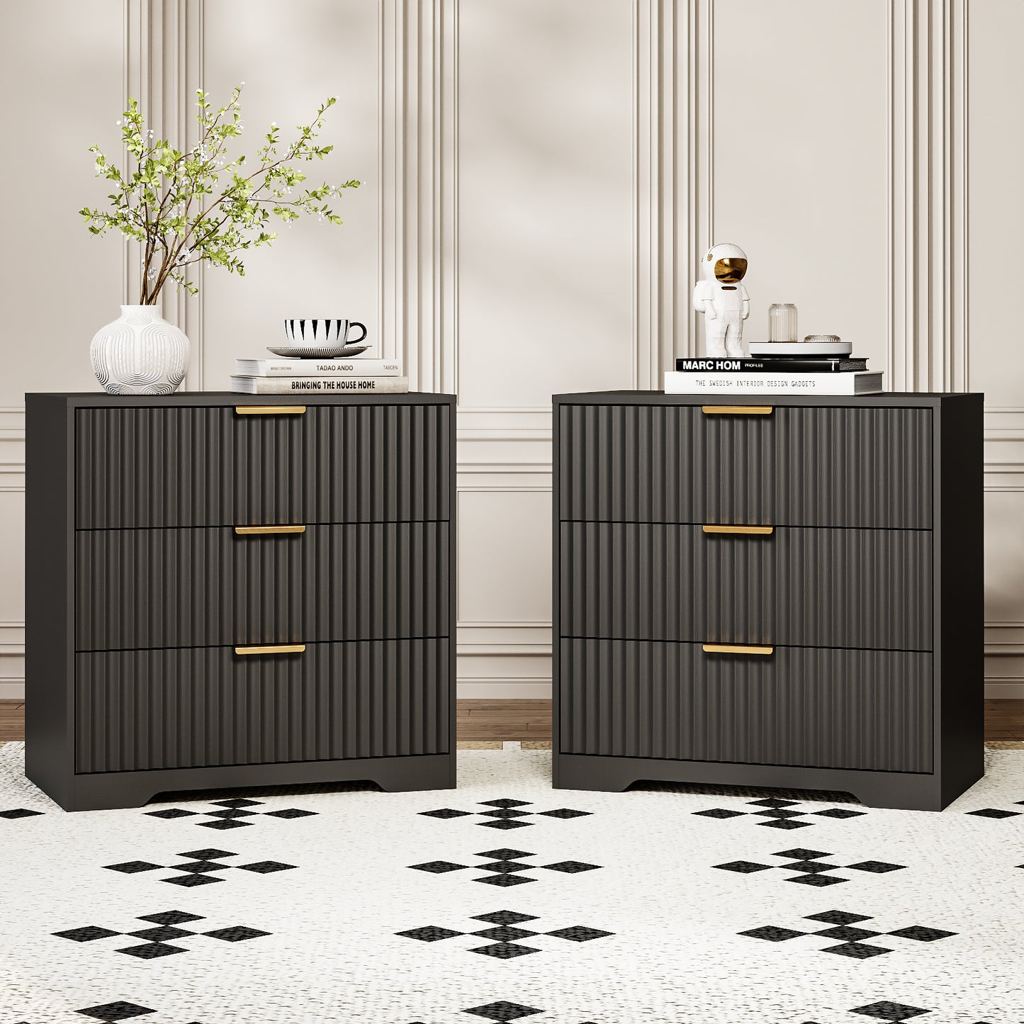 Tydimor Modern Nightstand with 3 Wooden Drawers, Bedside Table for Living Room, Black,Set of two