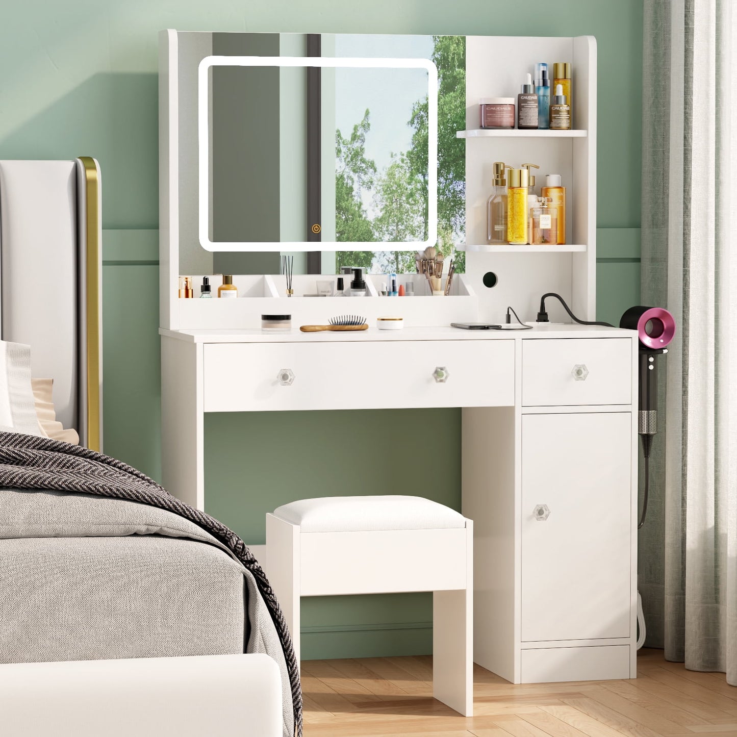 Tydimor Vanity Set with Mirror & Lights, Women Makeup Table with Charging Station, Sturdy Dressing Desk with Drawers & Stool