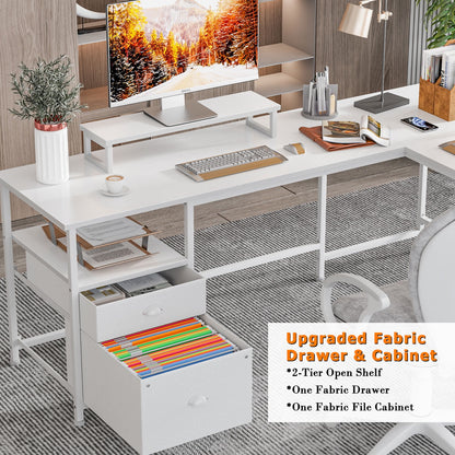 Furologee L Shaped Desk with Shelves, Reversible Corner Computer Desk with Drawers & 2 Monitor Stands, Large Home Office Desk Writing Study Gaming Table Workstation, White