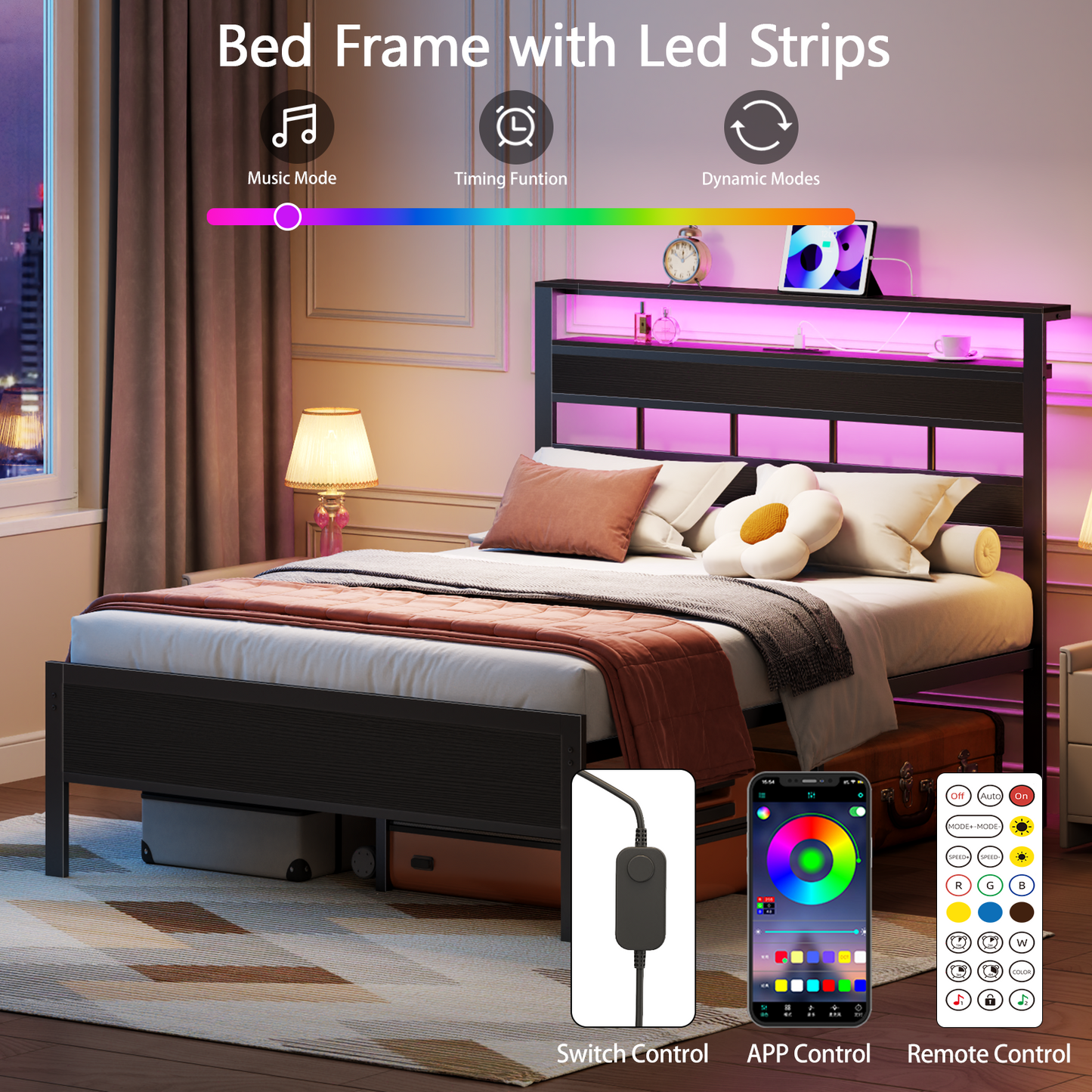 Tydimor Upholstered Underbed Storage Bed Frames with Charging Station£¬LED Queen Size Bed Frame with Storage Shelves, Niose Free