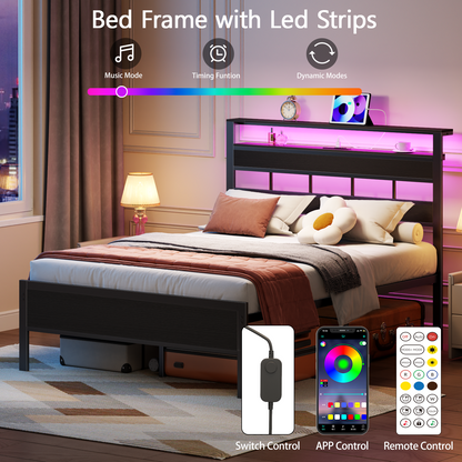 Tydimor Upholstered Underbed Storage Bed Frames with Charging Station£¬LED Queen Size Bed Frame with Storage Shelves, Niose Free