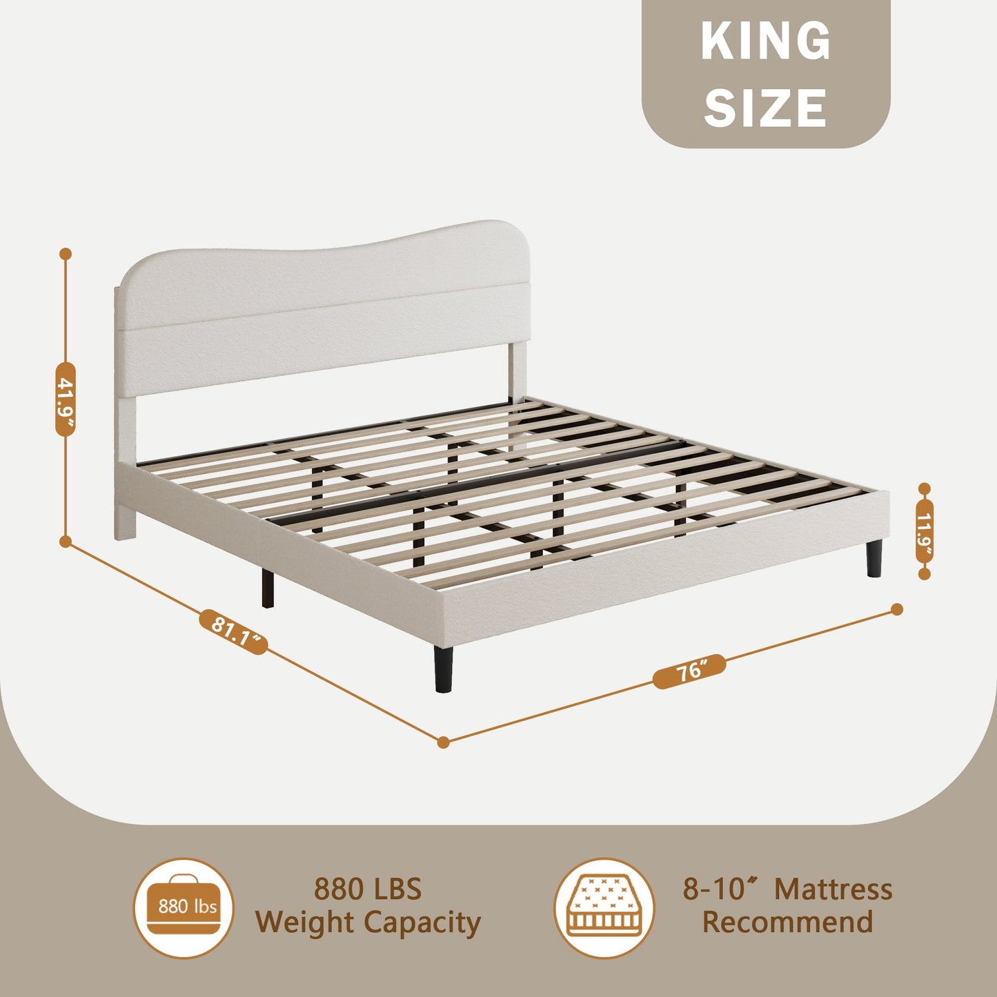 Tydimor King Bed Frame with Teddy Velvet Soft Curved Headboard, Platform Bed with Wooden Slats Support, Easy Assembly, Noise-Free, White