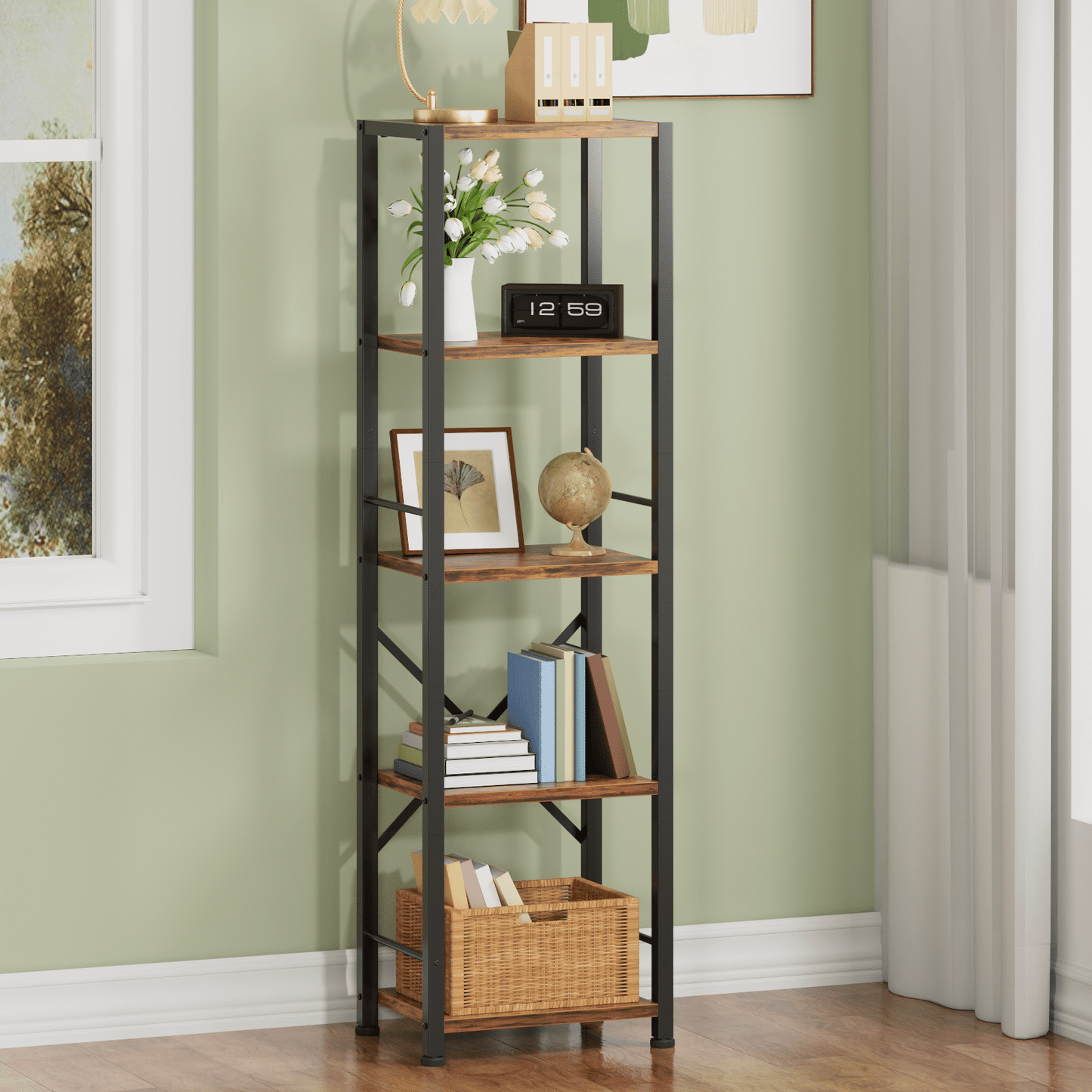 Satifur Bookshelf Bookcase Organizer with 5 Shelves for Living Room Bedroom Kitchen Garage,Rustic Brown