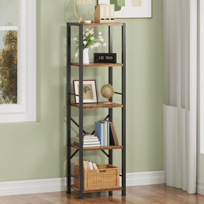 Satifur Bookshelf Bookcase Organizer with 5 Shelves for Living Room Bedroom Kitchen Garage,Rustic Brown