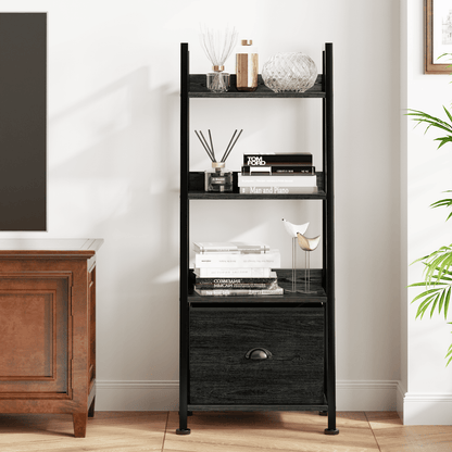 Tydimor 4-Tier Ladder Bookshelf With Drawer, Leaning Bookcase Storage Display Shelf, Black Oak