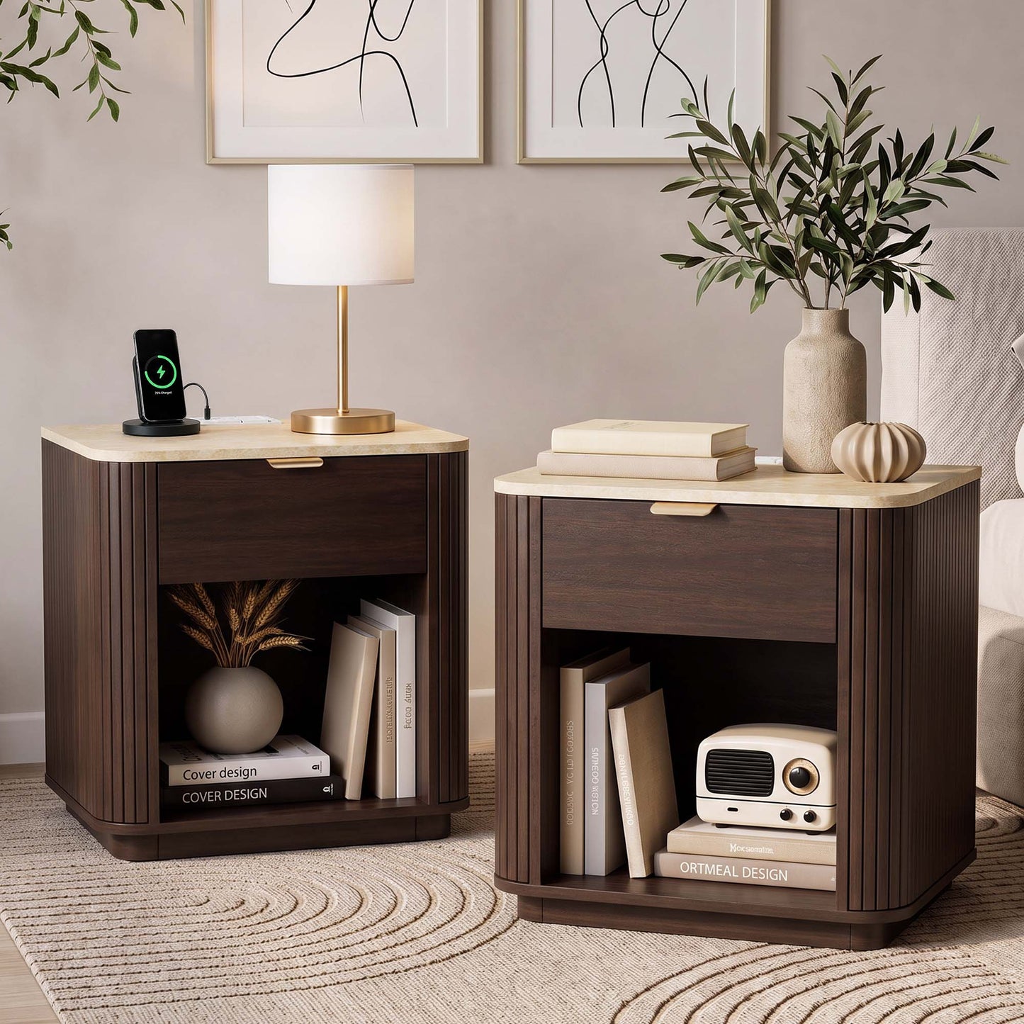 Satifur Wooden Nightstand with Charging Station Set of 2, 1 Drawer Fluted Night Stands with Storage, Modern Bedside Table Set of 2 for Bedroom, Walnut