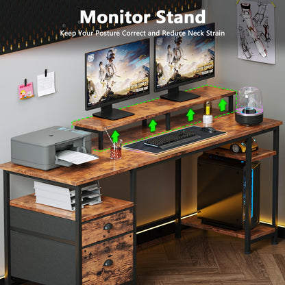 Satifur Computer Desk with Drawers & Monitor Stand, Office Desk for Dual Monitors, Adjustable Shelves, Rustic Brown