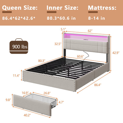 Tydimor Queen Bed Frame with Charging Station, Queen Upholstered Rivet Storage Headboard Platform Beds, Noise-Free, Easy Assembly, Beige