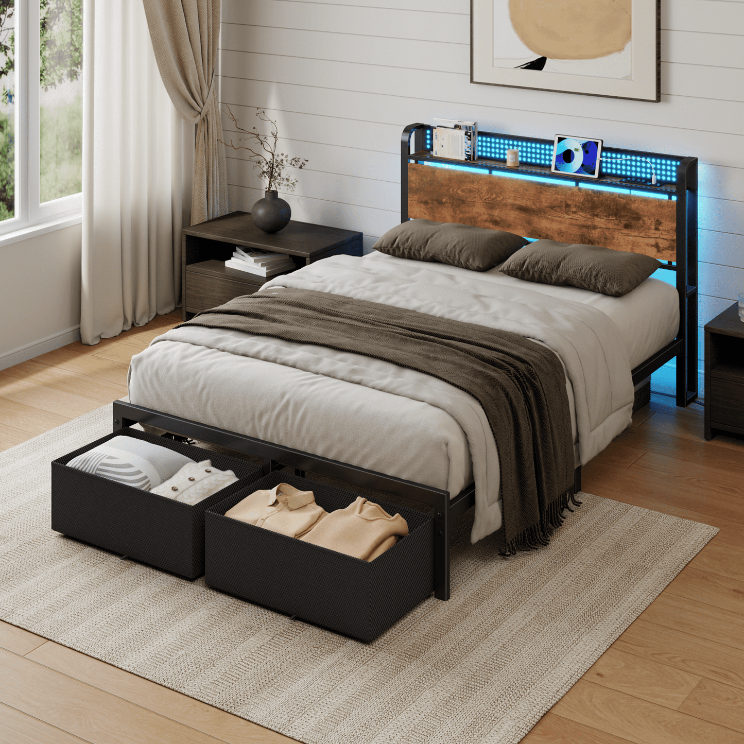 Tydimor Full Bed Frame with 2 Drawers & Storage Headboard, Platform Metal Bed with Charging Station, No Box Spring Needed