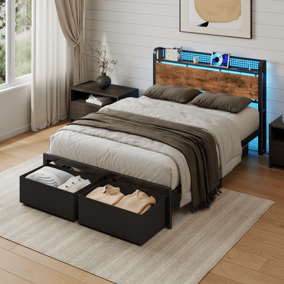 Tydimor Full Bed Frame with 2 Drawers & Storage Headboard, Platform Metal Bed with Charging Station, No Box Spring Needed