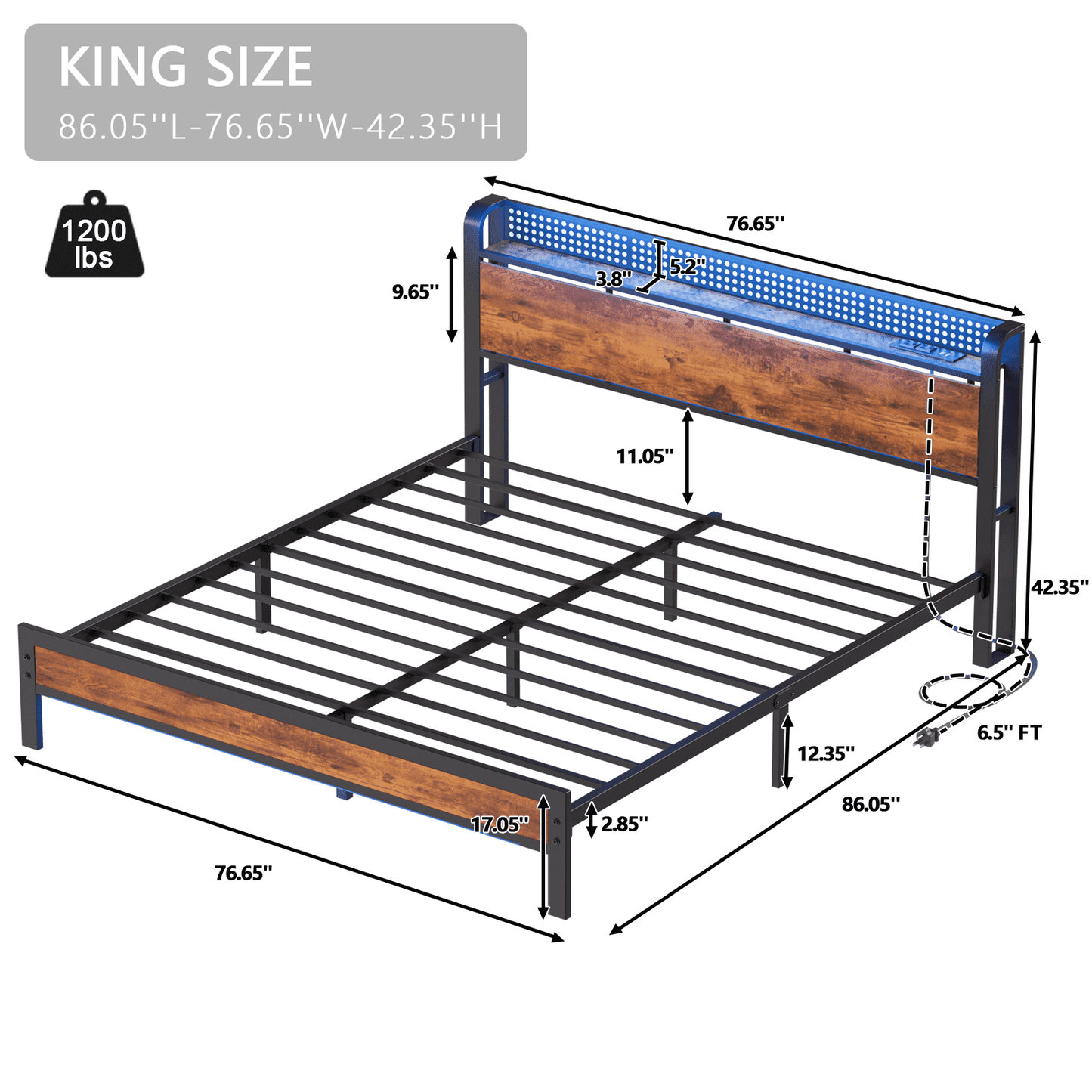 Hexmn King RGB LED Strip Platforrm Bed Frames with Headboard Metal, Storage Shelves & Underbed, Niose Free, No Box Spring Needed