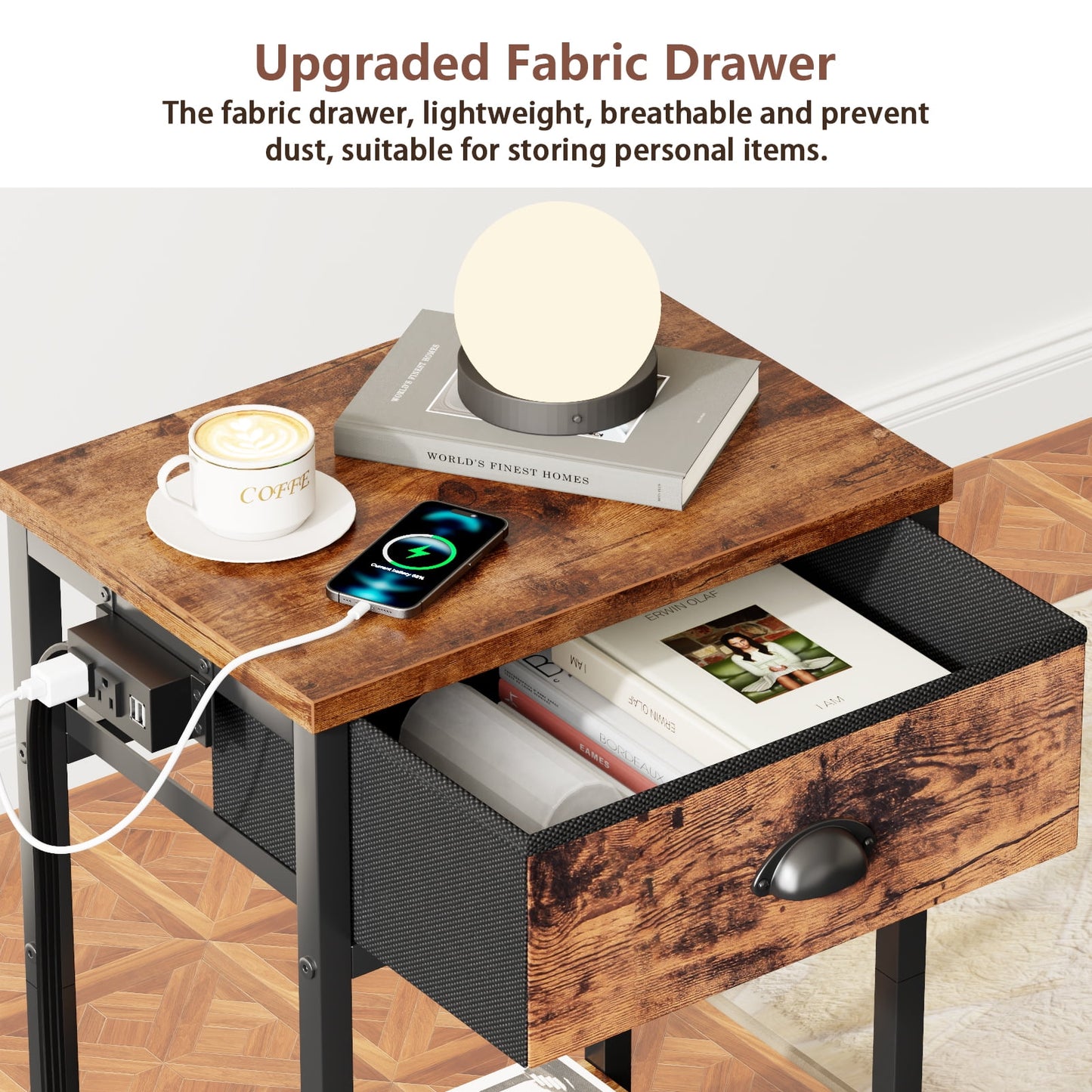 Satifur Set of 2 Nightstand with Charging Station for Bedroom,Side End Table with Outlets & USB Ports,Rustic Brown