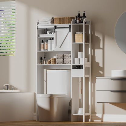 Hexmn Over The Toilet Storage Cabinet with Sliding Barn Door, 6-Tier Freestanding Bathroom Shelf Farmhouse Organizer with Shelves, Paper Holder and Racks, Farmhouse Toilet Cabinet for Laundry, White