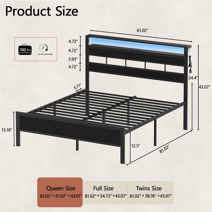 Tydimor LED Lighting Bed Frames Queen with Headboard Storage Shelves, USB Ports Queen Size Platform Bed Frame Steel Slats Support