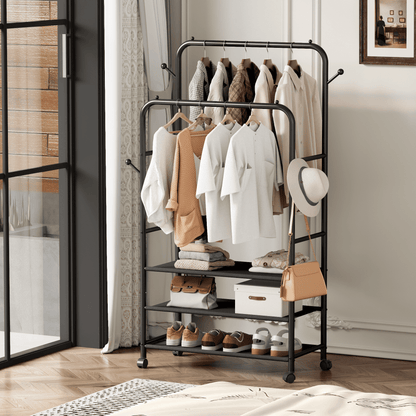 Satifur Clothes Rack with 3 Tiers Storage Shelves, Clothing and Shoes Racks, Garment Rack with Wheels, Multi-functional Double Rod Hanging Rack, Black