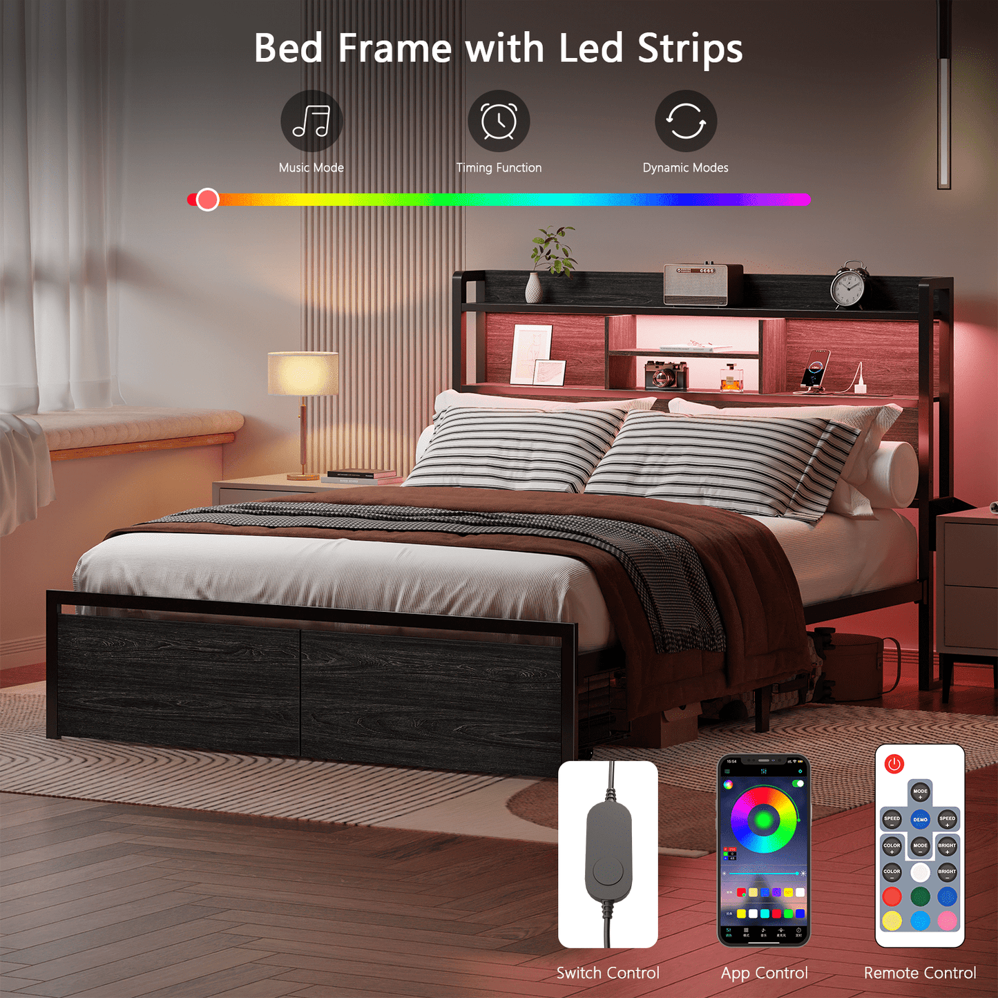 Tydimor Queen Size Bed Frames Bedroom Furniture Sets with Upholstered Storage Headboard & Outlets, LED Lights Standard Bed con Cajones, Niose Free