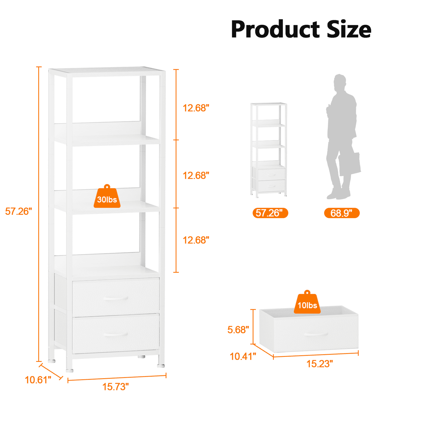 Satifur 4-Tier Bookshelf and Bookcase with 2 Removable Drawers, Narrow Display Shelf for Living Room, White