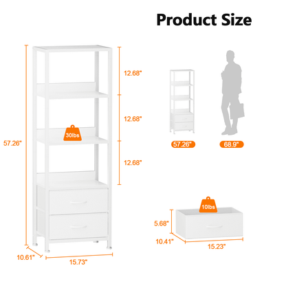 Satifur 4-Tier Bookshelf and Bookcase with 2 Removable Drawers, Narrow Display Shelf for Living Room, White