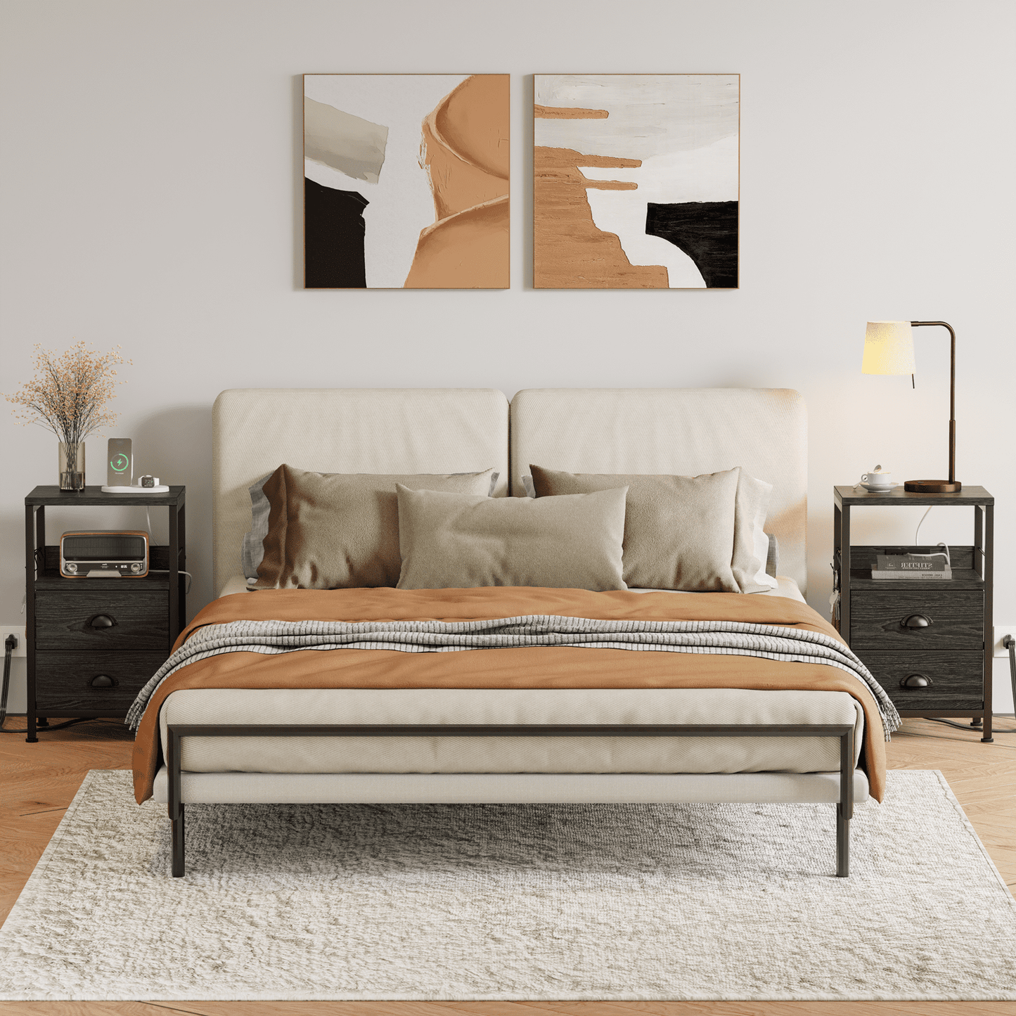 Satifur Nightstand with Charging Station, Set of 2 Bedside End Table with Fabric Drawers,Outlets & USB Ports,Black Oak