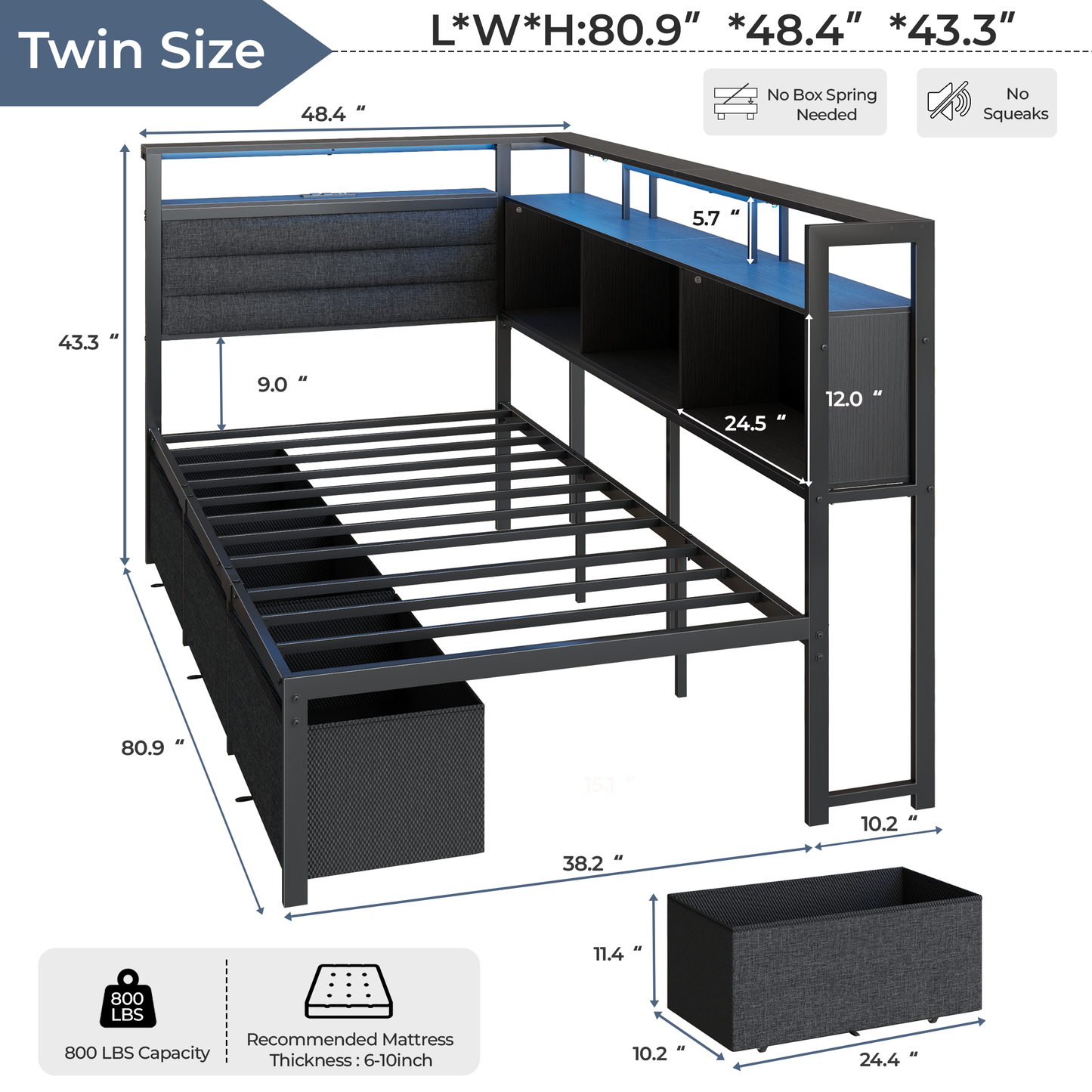 Satifur L-Shaped Corner Bed Frame with 3 Storage Drawers, 3 Cubbies & Double-Layer Shelf, LED Lights & Power Outlet, Corner Twin Beds for Living Room, Bedroom and Guest, Black