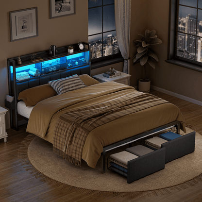 Hexmn Queen Size Bedroom Furniture Sets with Upholstered Storage Headboard & Outlets, LED Lights Standard Bed con Cajones, Niose Free