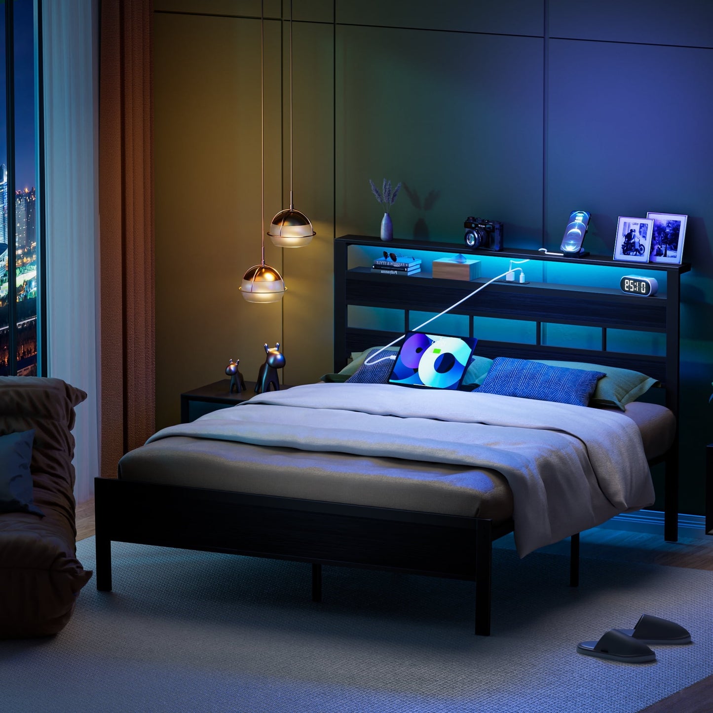 Hexmn LED Lighting Bed Frame Queen with Headboard Storage Shelves, USB Ports Queen Size Platform Bed Frame Steel Slats Support