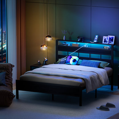 Hexmn LED Lighting Bed Frame Queen with Headboard Storage Shelves, USB Ports Queen Size Platform Bed Frame Steel Slats Support