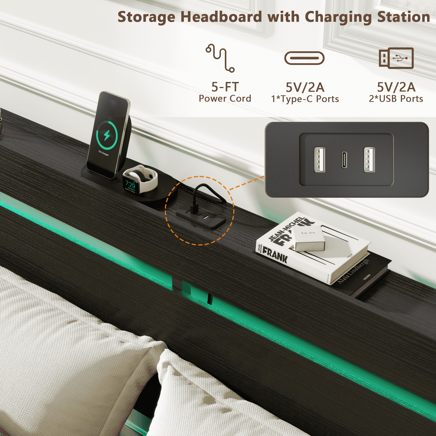 Tydimor Full Size Bed Frame with 2 Drawers & LED Lights & Charging Station, Beds with Headboard & 10.10" Under Bed Storage, No Box Spring Needed, Easy Assembly, Black