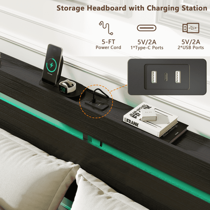 Tydimor Full Size Bed Frame with 2 Drawers & LED Lights & Charging Station, Beds with Headboard & 10.10" Under Bed Storage, No Box Spring Needed, Easy Assembly, Black