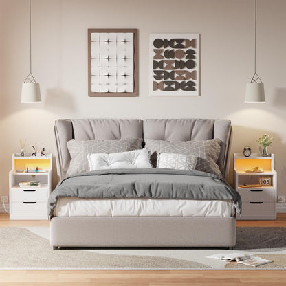 Satifur White Nightstand with Charging Station,LED Nightstand with 2 Drawers Bed Side Table,White