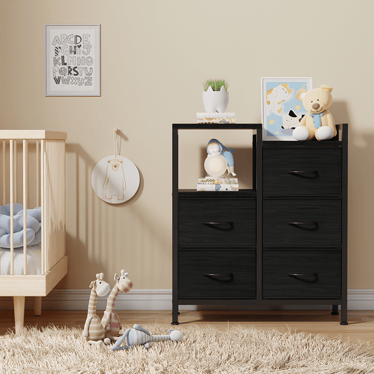 TYDIMOR 5 Drawer Fabric Dresser for Bedroom, Black Oak Chest for Closet & Living Room, Ideal for Adults