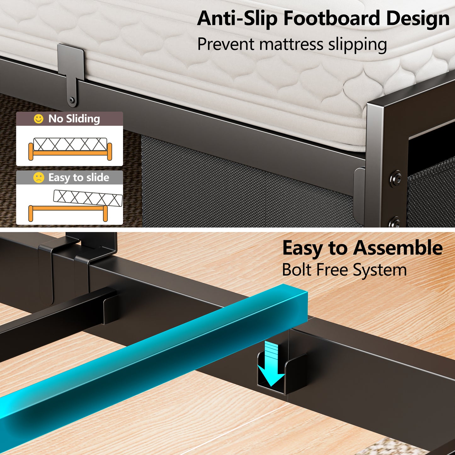 Satifur Full Bed Frame with 2 Storage Drawers and Upholstered Storage Headboard, Metal Platform Bed with Charging Station & LED, Noise-Free, No Box Spring Needed, Dark Grey & Black