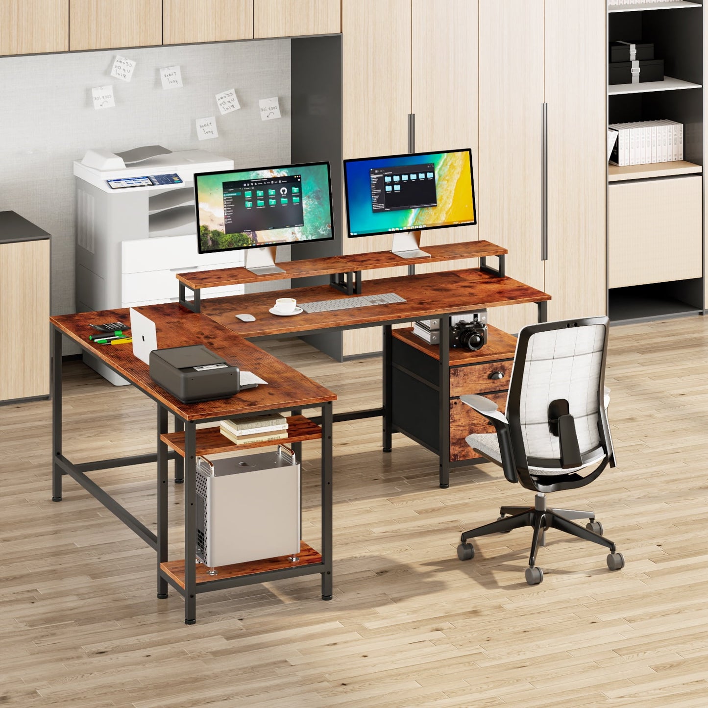 Satifur Computer Desk L-Shaped, Reversible Gaming Desk, Rustic Brown