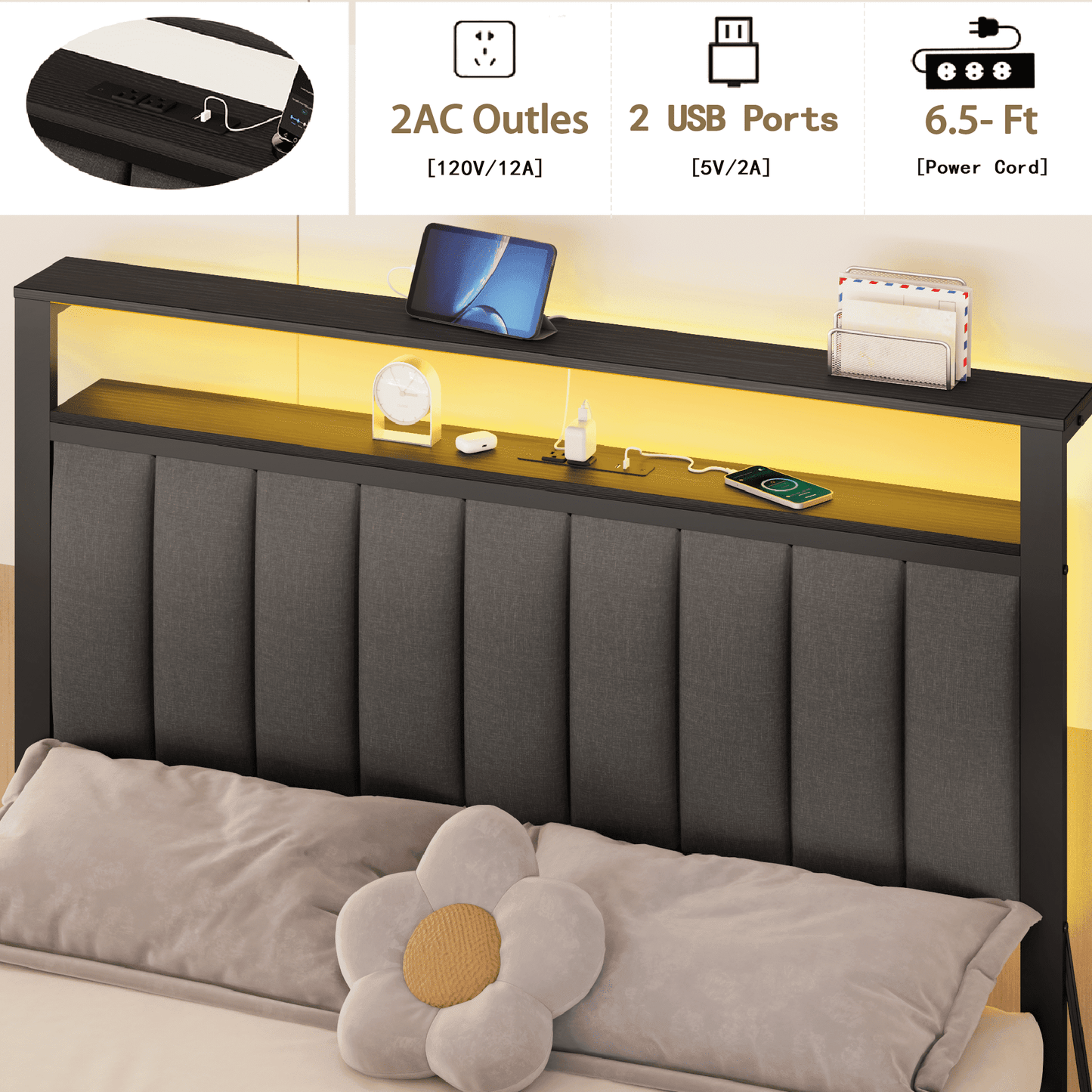 Hexmn Electric Full Size Platforrm Bed Frames with Charging Station, LED Standard Storage Space Bed for Bedroom, No Box Spring Needed