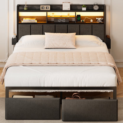 Hexmn Queen Size Bedroom Furniture Sets with Upholstered Storage Headboard & Outlets, LED Lights Standard Bed con Cajones, Niose Free