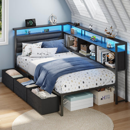 Tydimor L-Shaped Corner Bed Frame with 3 Storage Drawers, 3 Cubbies & Double-Layer Shelf, LED Lights & Power Outlet, Corner Twin Beds for Living Room, Bedroom and Guest, Black