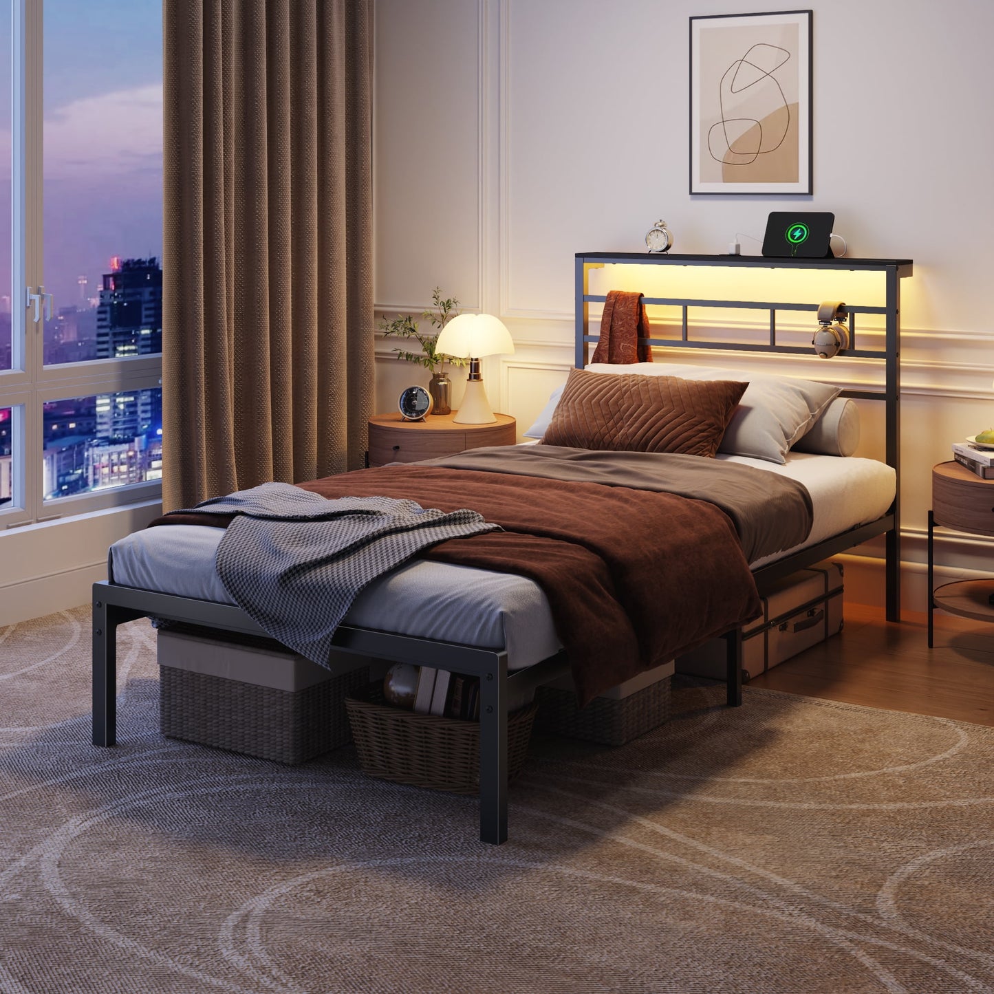 Tydimor Twin Size Bed Frame with LED Storage Headboard Shelf, 38.1" High Metal Platform Bed, Black