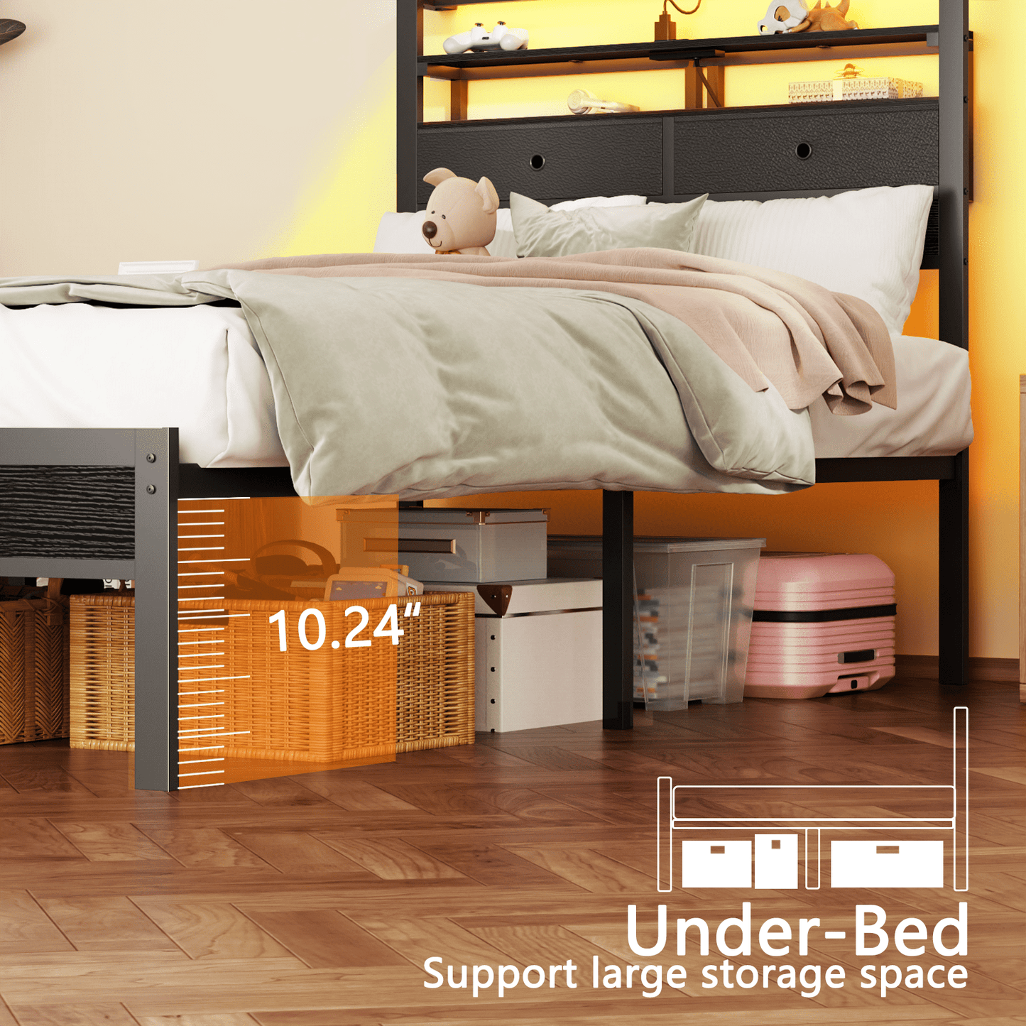 Tydimor Twin Size Bed Frame with 2 Storage Drawers Headboard, LED & Charging Station, Black oack