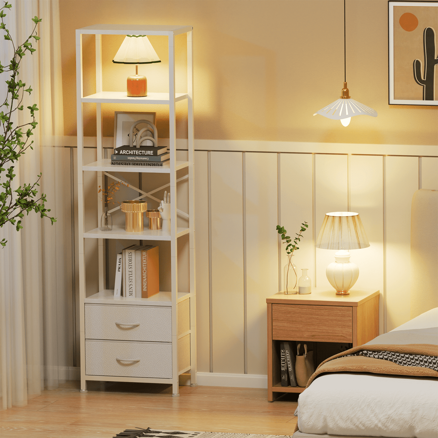 Satifur 5-Tier Bookshelf and Bookcase with 2 Removable Drawers, Narrow Display Shelf for Living Room, White