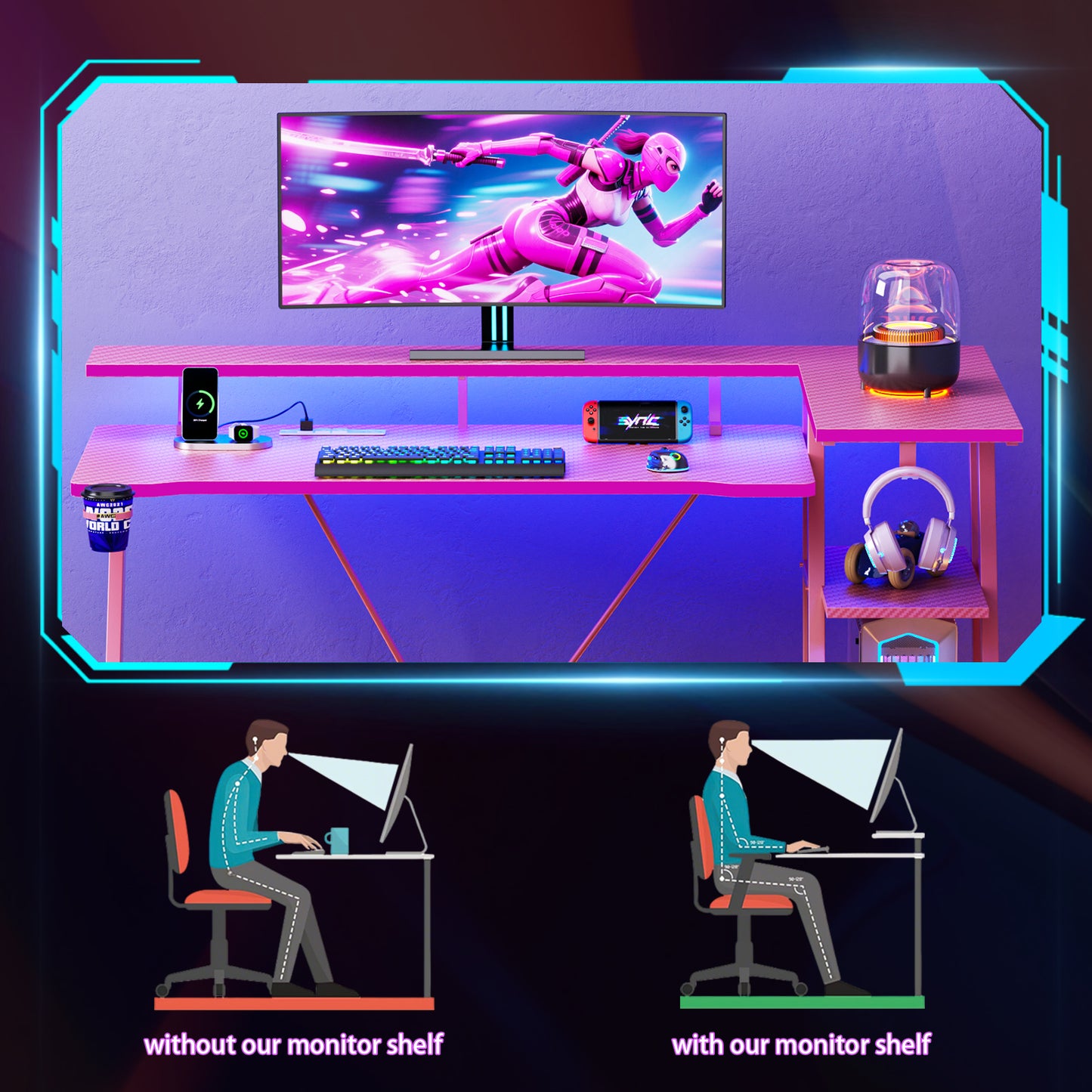 Satifur 55" Pro L-Shaped Gaming Desk Pink, RGB LED, Power Hub & Monitor Riser for Ultimate Setup