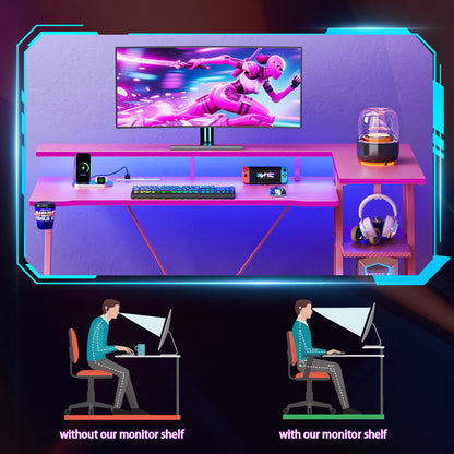 Satifur 55" Pro L-Shaped Gaming Desk Pink, RGB LED, Power Hub & Monitor Riser for Ultimate Setup
