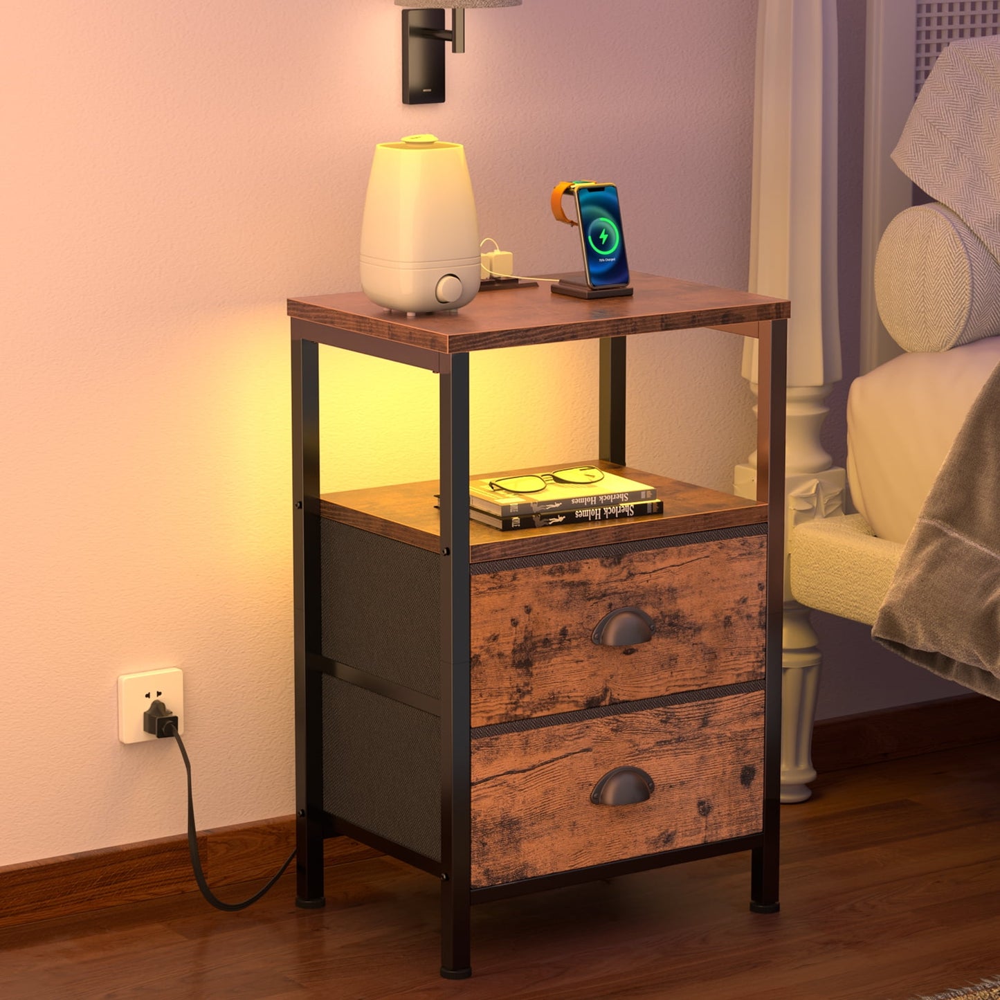 Satifur Bedside Table with Charging Station,Set of 2 LED Nightstand with 2 Fabric Drawers,Rustic Brown